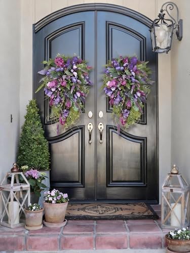 Purple Floral Hanging Wreath - Inch Lavender Tulip Hyacinth Eucalyptus Door Decor for Spring Summer, Wedding Arch Garden Porch Decoration - Image 6