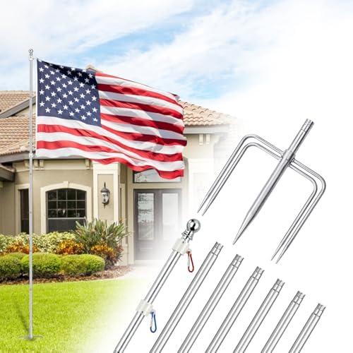 ZMTECH 7 FT Flag Pole in Ground, Heavy Duty Flag Pole Holder for Outside House with 5 Pronges Base, Extra Thick Flag Pole Kit for Yard Outdoor Garden Decor Residential Commerical Silver by HighQualityGardeningTools