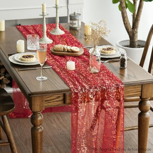 Artoid Mode 3PCS Red Gold Gauze Table Runner 120 Inch 10FT, Glitter Metallic Foil Sheer Dining Wedding Anniversary Holiday Table Decor for Home Party - Image 3
