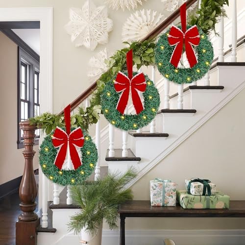 ATDAWN 3 Pack Mini Christmas Wreath, Lighted Christmas Front Door Wreath, Xmas Wreath for Holiday Christmas Party Decorations (Red Bow) - Image 6