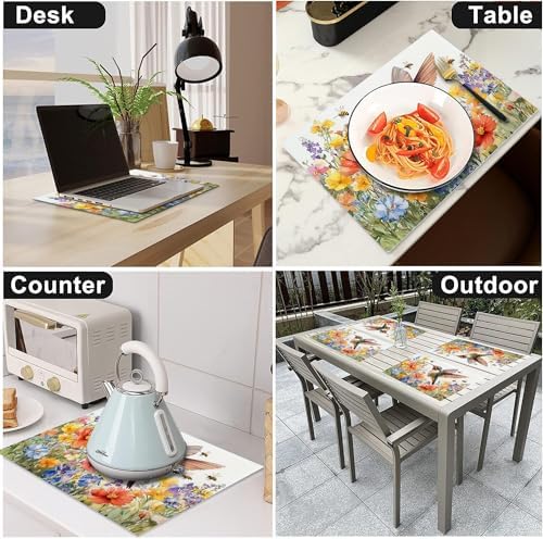 Hummingbird Flower Spring Placemats Set of 6, 12x18 Inch Country Bird Summer Table Place Mat Rustic Washable Non-Slip Heat Resistant Fabric Placement Mats for Dining Kitchen Indoor Outdoor Decor - Image 6