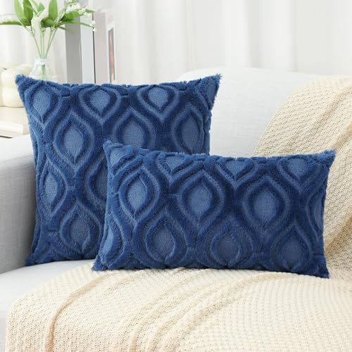 decorUhome Faux Fur Plush Soft Dark Blue Throw Pillow Covers 24x24 Set of 2 - Image 6