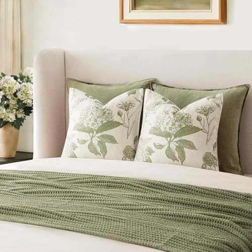 Foindtower Set of 2 Linen Floral Throw Pillow Covers Vintage Accent Print Decorative Cozy Cushion Covers Farmhouse Boho Home Decor for Sofa Chair Couch Bedroom Living Room,24×24 Inch,Light Green - Image 7
