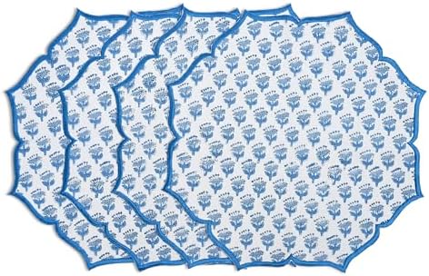 CPC Apatite Blue Block Print Cotton Floral Placemat 15x15 Inch, Set of 4 by COTTONPRINTCLUB