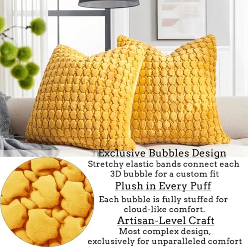 Pillow Covers 24x24 Set of 2 Velvet Euro Shams Decorative Farmhouse Pillowcases Boho Square Cushion Covers Soft Bubble Texture for Couch Sofa Bed Bedroom Car Living Room，Yellow - Image 4