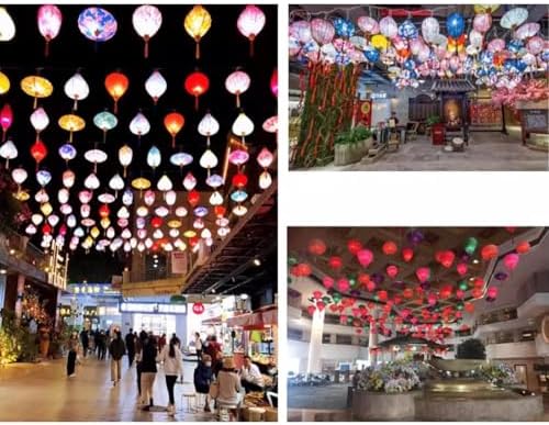 Chinese Lantern with Tassel Oval Silk Lantern Japanese Hanging Lantern Winter Melon-Shaped Lanterns Portable Chinese Paper Lanterns(Beige,18 Inch) - Image 5