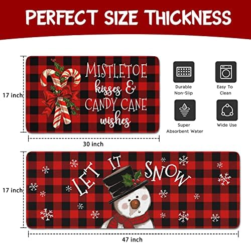 Buffalo Plaid Snowman Christmas Kitchen Rugs and Mats Set 2 Piece for Floor,Let It Snow Xmas Winter Holiday Non Skid Low-Profile Sink Rug Mat Decorations for Home Kitchen 18"x48"+18"x30" - Image 3