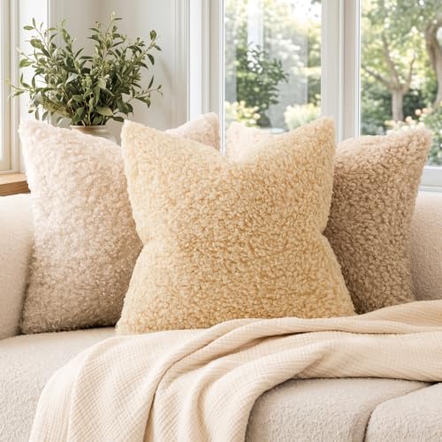 Foindtower Decorative Fuzzy Faux Fur Throw Pillow Covers 22x22 Light Yellow - Image 4