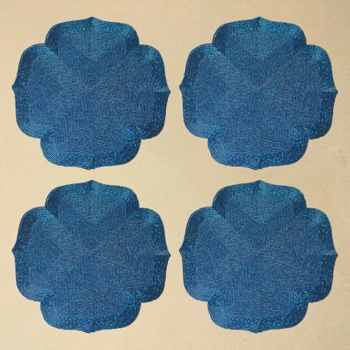 Beaded Placemat 14" Glass Bead Side Table Mats for Dining Table, Decorative Placemat for Kitchen Counter, Ideal for Everyday Use, Blue Morocconpattern, Elegant & Luxurious Gift (Set of 4) by DREAMYWALLS