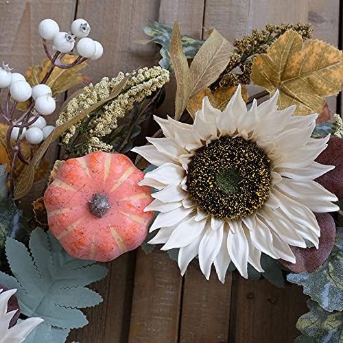 idyllic 20" Fall Wreath for Front Door with White Sunflower Artificial Pumpkins,Green & Yellow Leaves Harvest Wreath for Festival Thanksgiving Farmhouse Wall Home Decor - Image 5