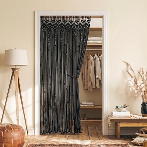 Lino Rosa Beaded Door Curtain for Doorway, Goth Witchy Black Macrame Beads Curtain for Closet Bedroom Wall Hanging Tapestry Grunge Room Decor by LINOROSA