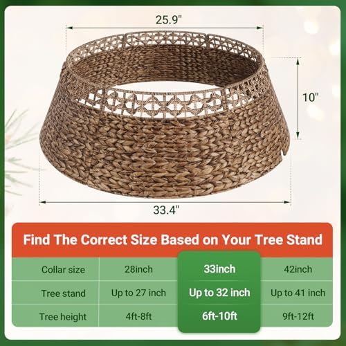 ELYKEN 33 Inch Woven Rattan Christmas Tree Collar, Stylish Seagrass & Water Hyacinth Xmas Tree Skirt for Artificial Trees, Wicker Tree Base Cover with Cord Cut-Out Farmhouse Tree Ring for Home Decor - Image 3