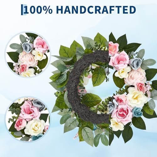 Garvee 20 Inch Spring Wreaths for Front Door, Artificial Pink Rose Wreath - Image 4