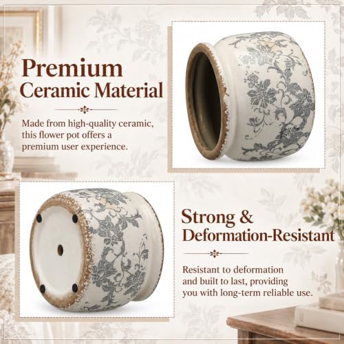 7.7" Large Ceramic Plant Pot Beige Gray Floral Vine Crackle Glaze Rustic Flowers Pot Decorative Planter with Drainage for Indoor Outdoor Plants Home Kitchen Office Decor Gift - Image 3