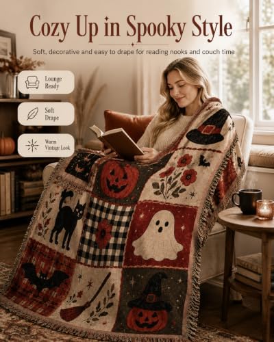 Halloween Tapestry Throw Blanket, Vintage Patchwork Woven Fringe Wall Decor (1set-130 * 160cm(51 * 63in)) - Image 4