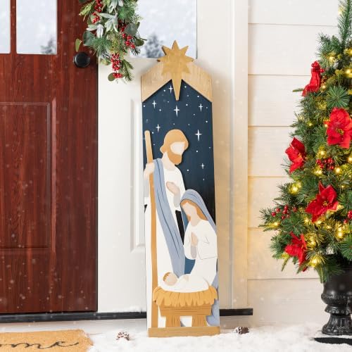 Glitzhome 42"H Christmas Double Sided Nativity Porch Sign,Wooden Porch Decor with Gold "JOY to the World", Xmas Welcome Sign for Front Door Indoor Outdoor Holiday Decorations by Glitzhome