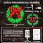 24 Inch Pre-lit Outdoor Christmas Wreath with Bow, Red Bow - Green Wreath - Image 4