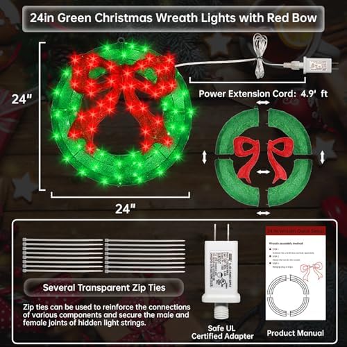 24 Inch Pre-lit Outdoor Christmas Wreath with Bow, Red Bow - Green Wreath - Image 4