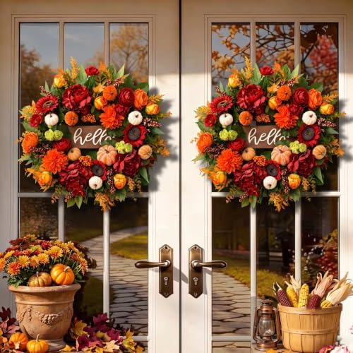 24 Inch Fall Wreath for Front Door,Farmhouse Harvest Door Wreaths - Image 6