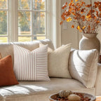 YCOLL Farmhouse Fall Pillow Covers 26x26, Modern Accent Square Throw Pillow Covers Set of 2, Rust and Beige Striped Patchwork Linen Decorative Cushion Covers for Couch Chair Bedroom Fall Decorations - Image 3