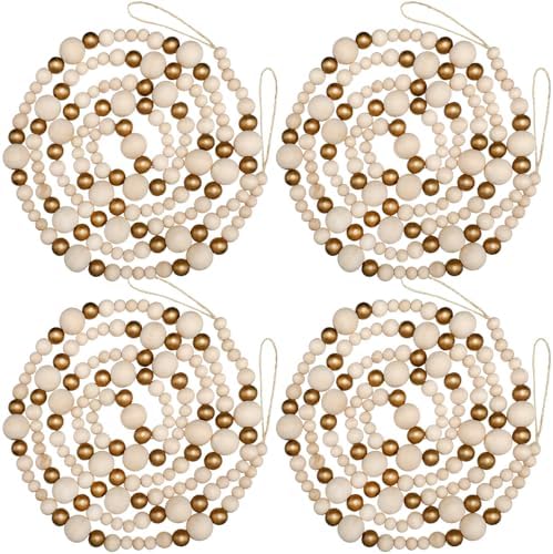 Bucherry 4 Pcs Christmas Wood Bead Garland 28.8 Feet, White, Gold by Bucherry