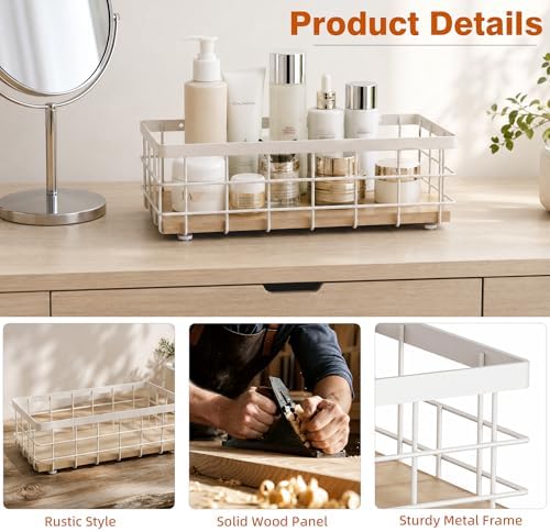 TJ.MOREE Small Metal Wire Basket, Decorative Wood Base Organizer for Bathroom, Kitchen, Basket for Toilet Paper Storage, Sugar Packet, Coffee Syrup, Guest Towel Napkin, White 2-Pack - Image 5