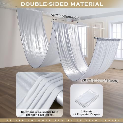 2 Panels 5ft(W) x 20ft(H) Silver Backdrop Curtain for Wedding Parties - Image 2