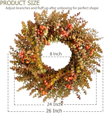 26" Autumn Fall Eucalyptus Wreath, Front Door Burnt Orange Harvest Decor - Image 3