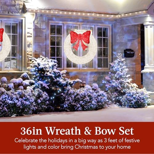 Best Choice Products 36in Pre-Lit Outdoor Christmas Wreath Decoration, LED Metal Holiday Decor for Home w/ 120 Lights, Bow - White/Red - Image 2