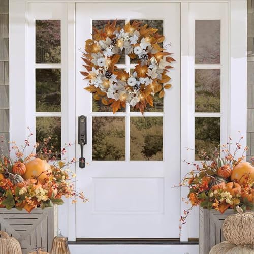 Fall Wreaths for Front Door Outside Autumn Wreath with Lights Berries Pine Cones Fall Decorations for Home Decor Pumpkin Wreath for Farmhouse Holiday Thanksgiving Harvest Halloween Outdoor - Image 2