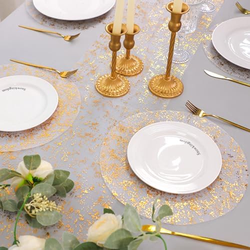 Snowkingdom 2 Pcs Gold Table Runner Roll, Sheer Gauze Chiffon Tulle Fabric Sequin Glitter Metallic Foil, Gold Golden Table Decorations for Home Wedding Birthday Party Anniversary Christmas - Image 6