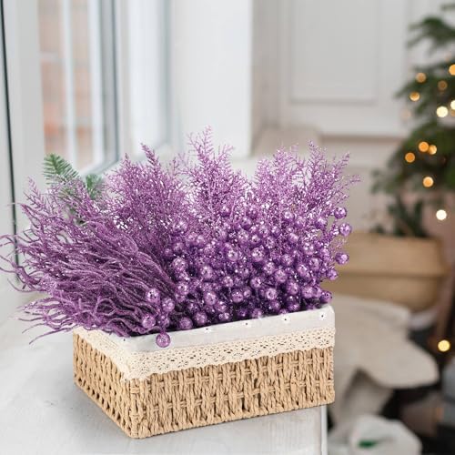 75 Pcs Christmas Glitter Branches 3 Styles Artificial Christmas Picks Berries Stems Pine Needles Floral Twig Spray for Xmas Tree Ornaments DIY Wreath Garland(Purple) - Image 5