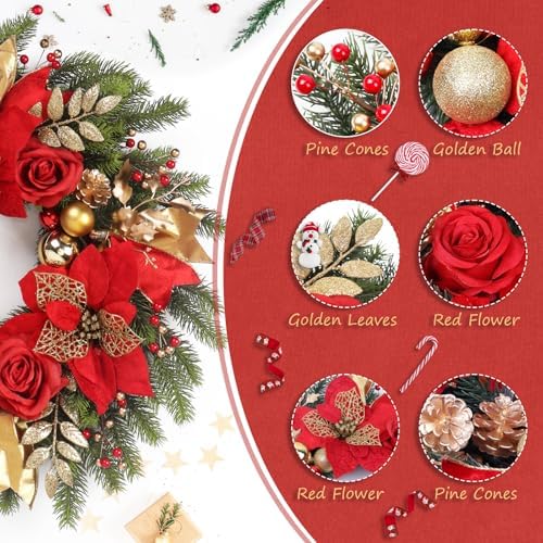 Christmas Wreaths for Front Door,Winter Wreaths for Indoor and Outdoor Christmas Decorations,Christmas Door Wreath with Red Christmas Flowers and Golden Ball,Pine Cones for Christmas Decor - Image 4