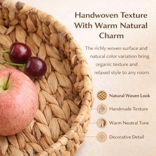 Round Woven Rattan Tray with Clear Acrylic Insert and Handles, Water Hyacinth Decorative Storage Tray for Coffee Table, Ottoman, Bathroom Counter, Kitchen (M: 12.99 in × 2.36 in) - Image 5