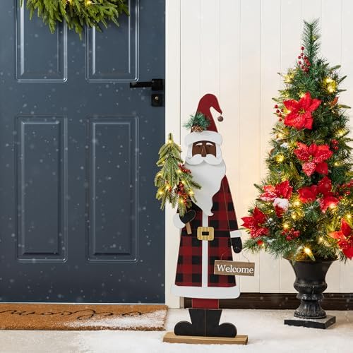 Glitzhome 36''H Lighted Wooden Africa Santa Porch Decor with Timer & LED Lights, Christmas Standing Santa Porch Sign Decor with Xmas Tree and Welcome Plaques for Front Door Outdoor Decor by Glitzhome