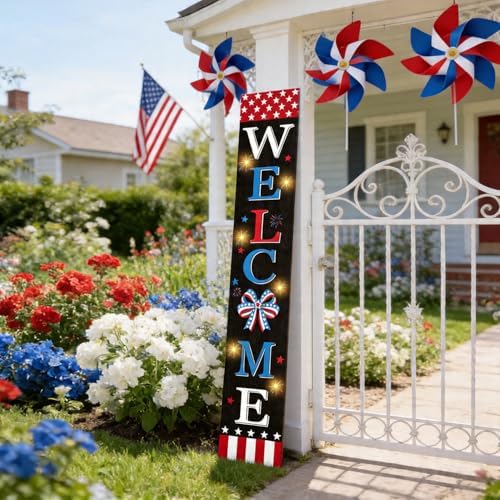 4th of July Welcome Sign with LED Lights, 47" Patriotic Wooden Door Porch Standing Decor Signs, Independence Day 250th Front Door Porch Decor, Memorial Day Home Yard Party Wall Hanging Decoration - Image 4