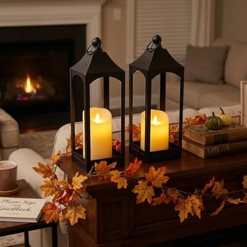 LETINE 2-Pack 12.67" Black Metal Farmhouse Candle Lanterns with LED Flameless Candles – Decorative Indoor/Outdoor Fall Decor for Home, Halloween Decorations for Porch & Mantel（NO Glass） - Image 4