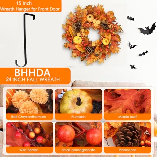 26" Fall Wreath for Front Door - Artificial Autumn Wreath with Maple Leaves, Pine Cones, Pumpkins & Berries - Thanksgiving & Halloween Decor for Indoor/Outdoor Use - Image 2