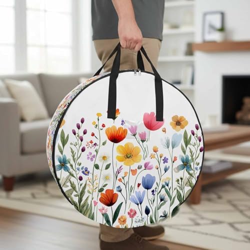 Spring Watercolor Round Storage Bag 24 Inch, Flower Green Leaves Plant Rustic Clothes Storage Container with Handles Heavy Duty Organizer for Comforter, Bedding & Holiday Wreaths - Image 2