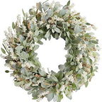 24 Inch Summer Spring Ivory Flowers Wreath for Front Door, Everyday Lamb Ears Leaves Wreath with White Artificial Flower for Indoor and Outdoor, Rustic and Farmhouse Greenery Flower by Egolot