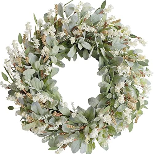 24 Inch Summer Spring Ivory Flowers Wreath for Front Door, Everyday Lamb Ears Leaves Wreath with White Artificial Flower for Indoor and Outdoor, Rustic and Farmhouse Greenery Flower by Egolot