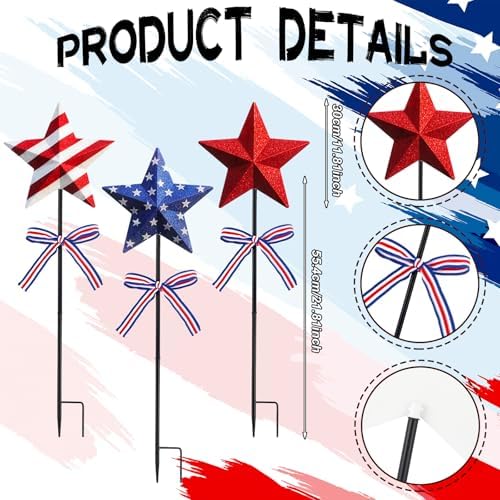 Amyhill 3 Pcs 4th of July Outdoor Decor Patriotic Star Metal Garden Stakes Memorial Day Welcome Yard Signs Red White Blue Decorations Garden Stakes for 250th Anniversary Patio Lawn Walkway Outside - Image 3