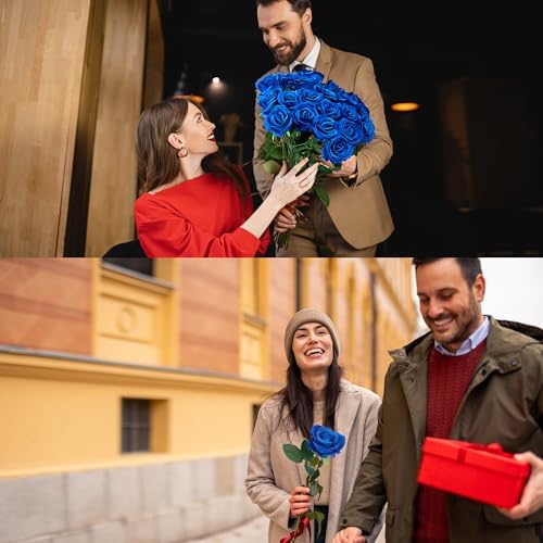 Sggvecsy 50 Pcs Artificial Roses Fake Flowers Velvet Silk Roses with Stems Bulk Realistic Faux Flowers for Bridal Bouquets Wedding Centerpieces Valentines Day DIY Home Party Decor (Blue) - Image 6