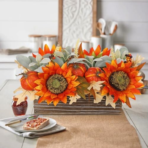 DILATATA Fall Decor Autumn Harvest Floral Centerpiece with Artificial Sunflowers Lambs Ear Gourd and Berries Arrangement for Thanksgiving Party Mantel Fall Decor - Image 2