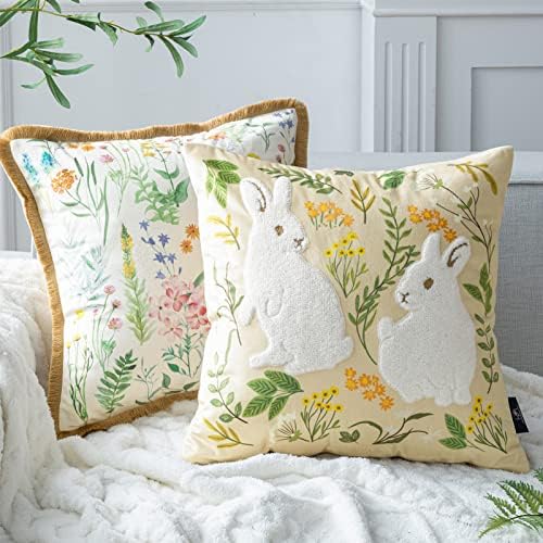 Phantoscope Pack of 2 Happy Easter Throw Pillow Covers - Tassel Trimmed Printed Colorful Flowers and Rabbits Spring Farmhouse Decorative Easter Pillows, Beige, 18x18 Inches by Phantoscope