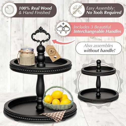 2 Tiered Tray Wooden Serving Stand by Felt Creative Home Goods. Small Beaded Tray for Home Decor Display Farmhouse Country Decoration Kitchen or Dining. Includes 3 Finial Custom Handles (Black) - Image 6
