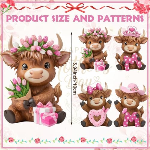 Simgoing 4 Pack Gifts for Mom Highland Cow Figurines Pink Highland Cow Statue Home Decor Love Mom Cattle Statues for Mother's Birthday Home Tabletop Centerpieces Garden Decor Calf Lovers Gifts - Image 2