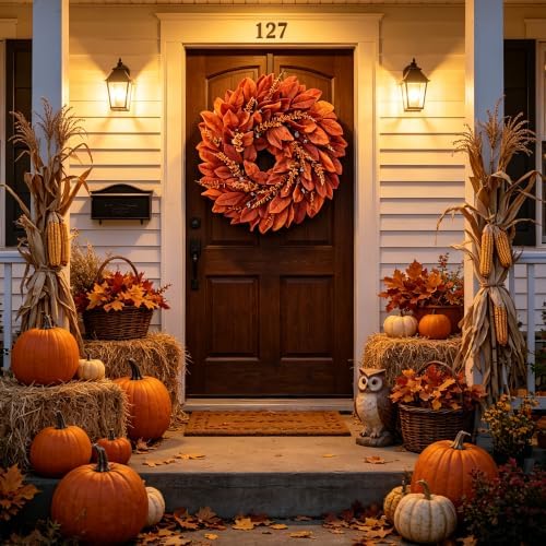 Large Artificial Magnolia Leaves Fall Wreath for Front Door Outside Decor - Image 4