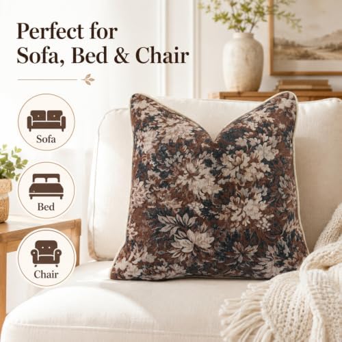 CROWNED BEAUTY Farmhouse Floral Throw Pillow Covers, 20x20, Brown, Set of 2 - Image 6