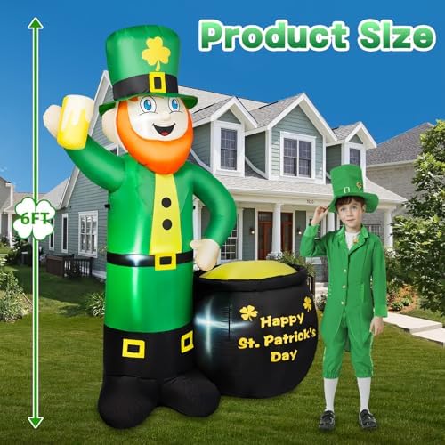 6FT St Patricks Day Inflatables Outdoor Decorations, Leprechaun Inflatable Holds Beer Cup with Pot of Gold Built-in LED Lights, St Patricks Day Decorations for Party Holiday Yard Garden Decor - Image 4